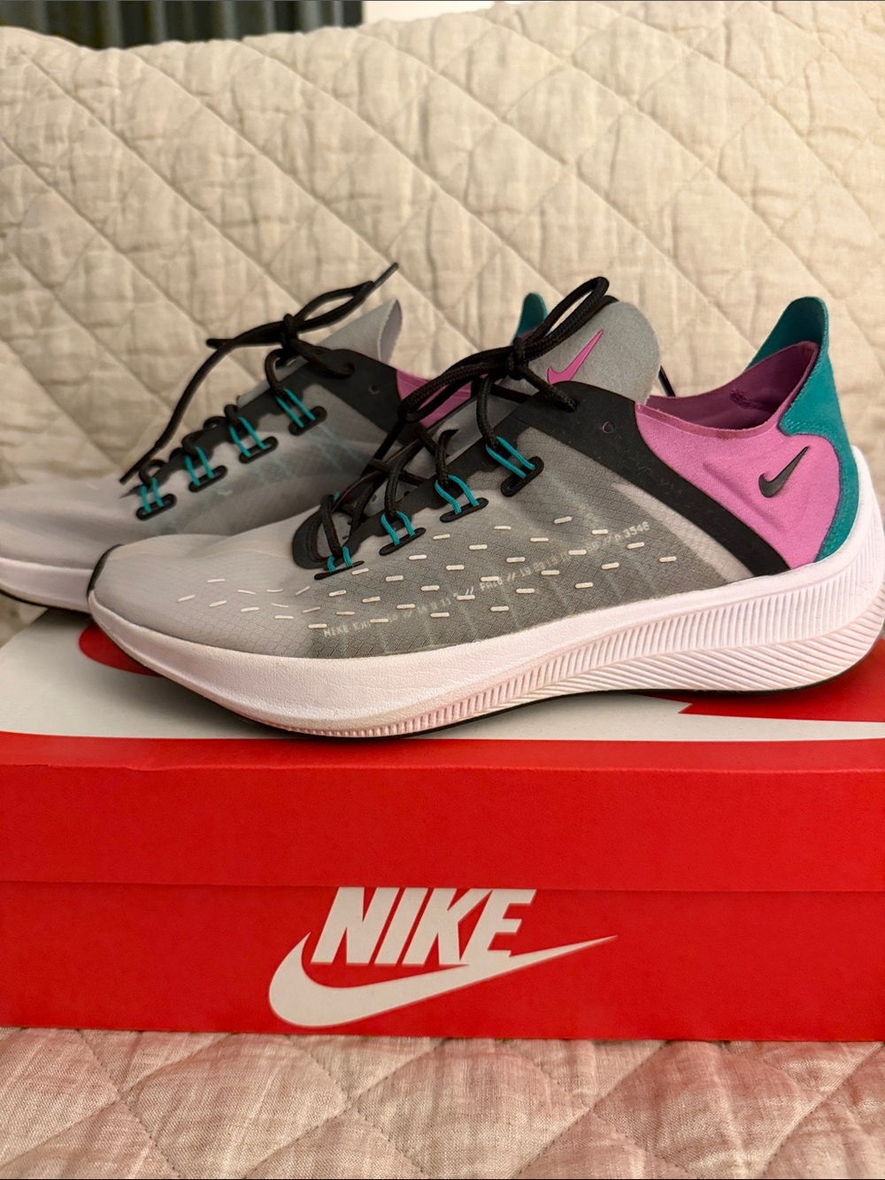 Nike Women's EXP-X14 Gray Pink Teal Lace-Up Running Sneakers